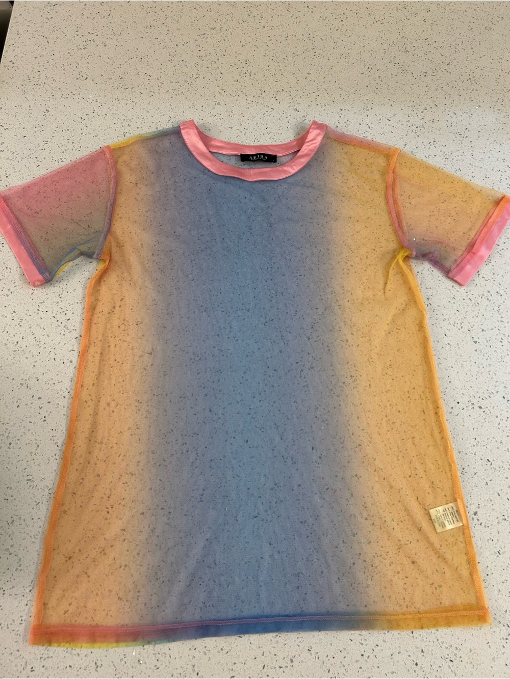 Women’s Rainbow Ombre Mesh Tee with Pink Trim